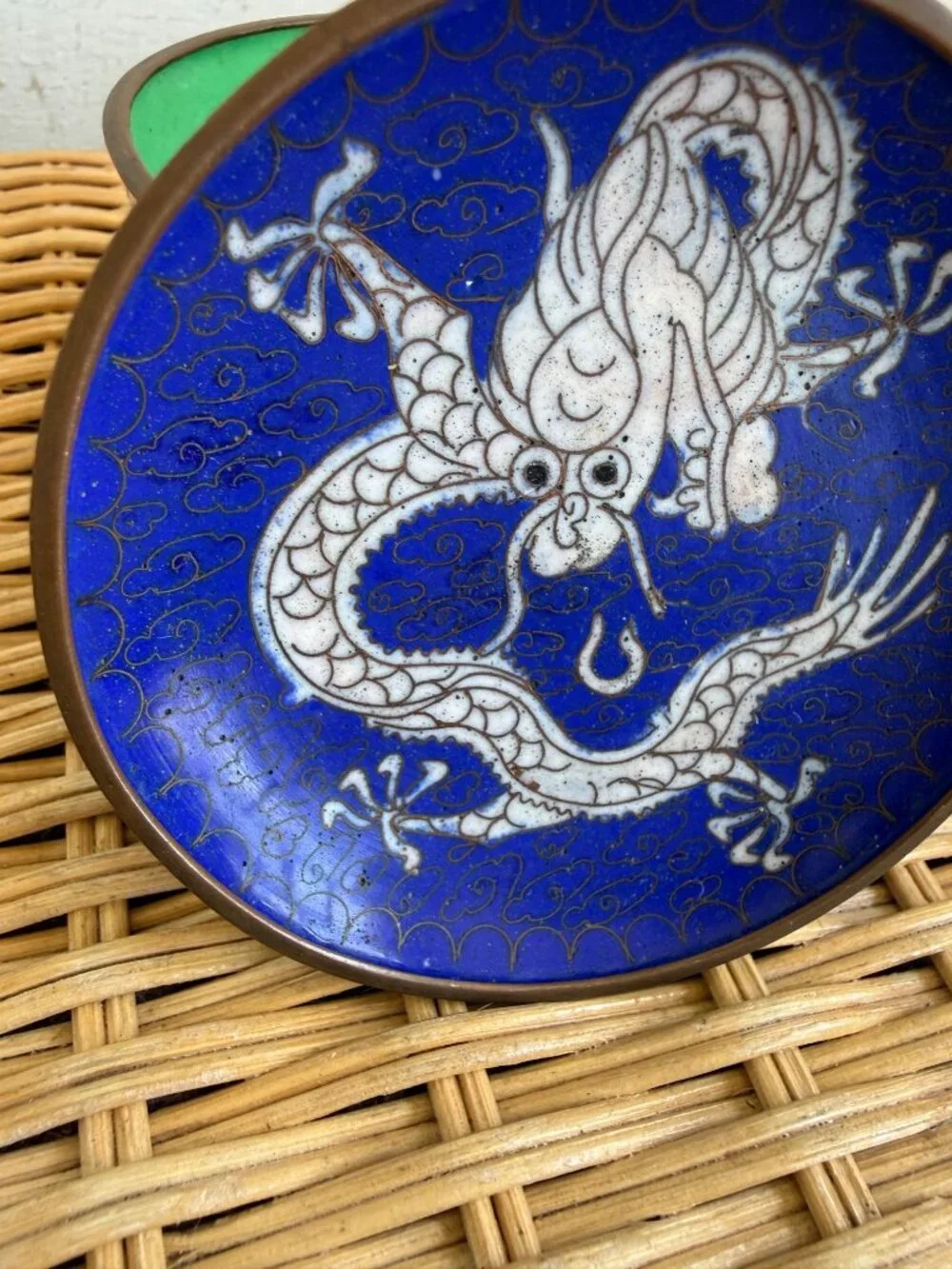 Vintage 1930s Chinese Cloisonne Enamel Bowl And Dragon Trinket Dish Plate